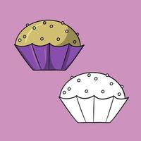 A set of images. Round cupcake with multicolored round sugar crumbs in a lilac cup, vector illustration in cartoon style on a colored background