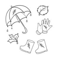 Monochrome icon set, autumn walk in the rain, vector illustration in cartoon style on a white background