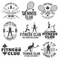 Set of fitness and tennis club concept with girls doing exercise and tennis player silhouette. vector