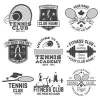 Set of fitness and tennis club concept with girls doing exercise and tennis player silhouette. vector