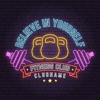 Neon fitness club sign on brick wall background. Vector illustration.