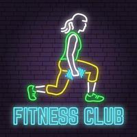 Neon fitness club sign on brick wall background. Vector illustration.