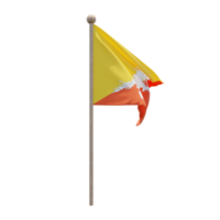 Bhutan 3d illustration flag on pole. Wood flagpole png