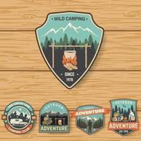 conjunto de insignias de campamento de verano en el tablero de madera. vector. vector