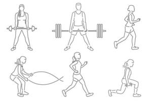 Set of fitness girls and man icon. Running, working out in gym with weight, exercises with battle ropes. vector