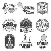 Set of fitness and tennis club concept with girls doing exercise and tennis player silhouette. vector