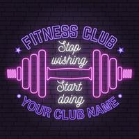 Neon fitness club sign on brick wall background. Vector illustration.