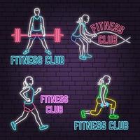 Set of neon fitness club sign on brick wall background. Vector illustration.