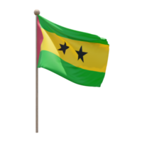 Sao Tome und Principe 3D-Darstellung Flagge auf der Stange. Fahnenmast aus Holz png