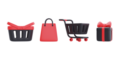 black friday super sale mit einkaufswagen, tasche, korb und geschenkboxen, weihnachts- und frohes neues jahr, 3d-rendering. png