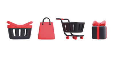 super venta de viernes negro con carrito de compras, bolsa, canasta y cajas de regalo, promoción de navidad y feliz año nuevo, representación 3d. png