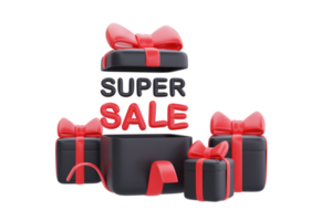 Black Friday Super Sale with opened gift boxes, Christmas and Happy New Year promotion, 3d rendering. png