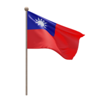 Taiwan Republic of China 3d illustration flag on pole. Wood flagpole png
