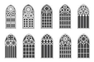 Church medieval windows set. Old gothic style architecture elements. Vector glyph illustration on white background.