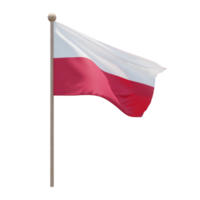 Poland 3d illustration flag on pole. Wood flagpole png