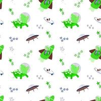 Seamless pattern of cute dinosaur astronauts. Vector in cartoon style. Dinosaur astronaut with planets, comets and stars around. Can be used for greeting cards, children's fashion, textiles, fabrics