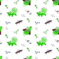 Seamless pattern of cute dinosaur astronauts. Vector in cartoon style. Dinosaur astronaut with planets, comets and stars around. Can be used for greeting cards, children's fashion, textiles, fabrics