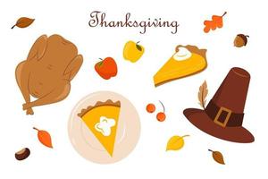 Vector isolated Thanksgiving set with turkey, harvest, apples, autumn leaves, pumpkin pie and holiday hat. Design elements for Thanksgiving and other fall themes.