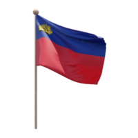 Liechtenstein 3d illustration flag on pole. Wood flagpole png