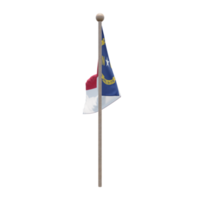 North Carolina 3D-Darstellung Flagge auf der Stange. Fahnenmast aus Holz png