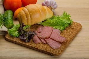 Salami sausages on wooden board and wooden background photo