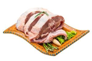 Raw lamb on the plate and white background photo