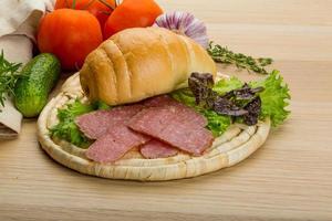 Salami sausages on wooden board and wooden background photo