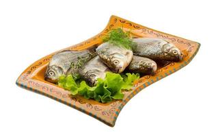 Crucian fish on the plate and white background photo