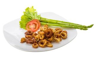 Fried squid rings on the plate and white background photo