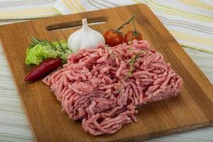 Minced meat on wooden background photo