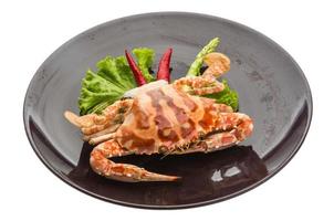 Red crab on the plate and white background photo
