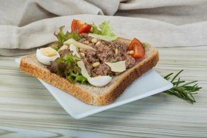 Tuna sandwich on wooden background photo