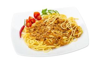 Bolognese spaghetti on the plate and white background photo