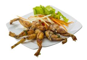 Grilled frog legs on the plate and white background photo