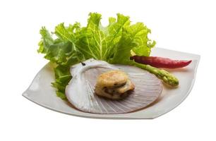 Grilled scallops on the plate and white background photo