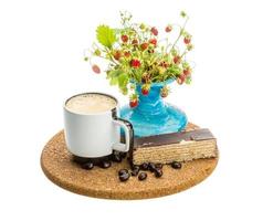 Coffee with cake on wooden board and white background photo