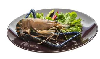 Freshwater prawn on the plate and white background photo