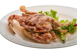 Red crab on the plate and white background photo