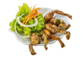 Grilled frog legs on the plate and white background photo