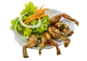 Grilled frog legs on the plate and white background photo