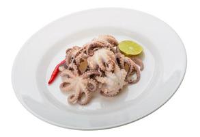 Boiled octopus on the plate and white background photo