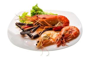 Giant Freshwater Prawn and king prawns on the plate and white background photo