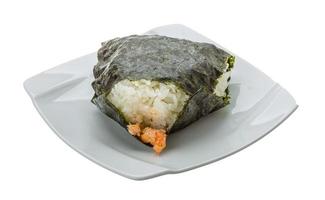 Japan rice ball with salmon on the plate and white background photo