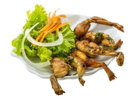 Grilled frog legs on the plate and white background photo