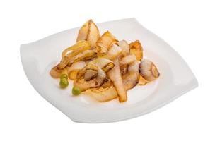 Fried onion on the plate and white background photo