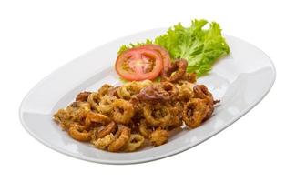 Fried squid rings on the plate and white background photo