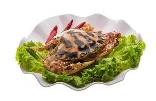 Red crab on the plate and white background photo