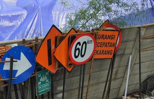 West Java, Indonesia on July 2022. Construction signs that have been fabricated but not yet installed on the construction site. photo