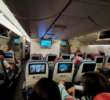 Istanbul, Turkey on July 2022. Situation from the cabin of a Turkish Airlines economy class plane where the seat consists of three parts, right, left and center. photo