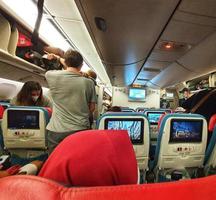 Istanbul, Turkey on July 2022. Situation from the cabin of a Turkish Airlines economy class plane where the seat consists of three parts, right, left and center. photo